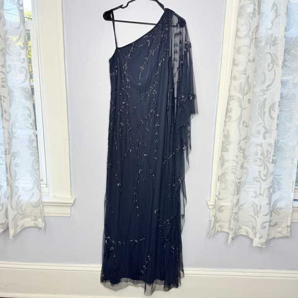 NWT! Adrianna Papell one shoulder beaded mesh navy blue gown size 12 - Picture 4 of 13